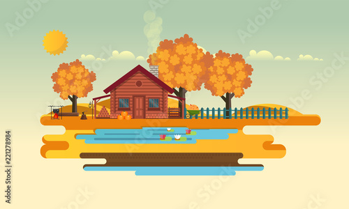 Flat Vector Landscape Illustration in Autumn, with wooden house.
