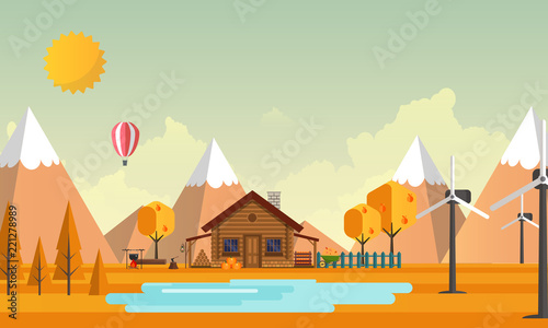 Flat Vector Landscape Illustration in Autumn, with wooden house.
