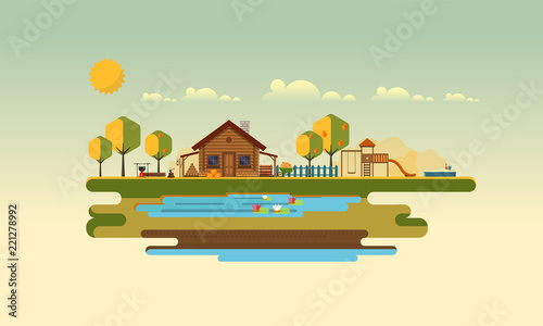 Flat Vector Landscape Illustration in Autumn, with wooden house.
