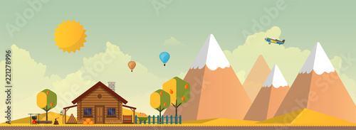 Flat Vector Landscape Illustration in Autumn, with wooden house.
