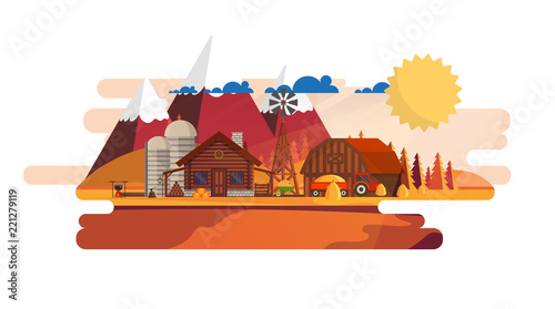 Flat illustration of Countryside Farm Landscape in Autumn. Vector Design.
