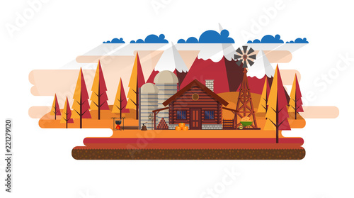 Flat illustration of Countryside Farm Landscape in Autumn. Vector Design.
