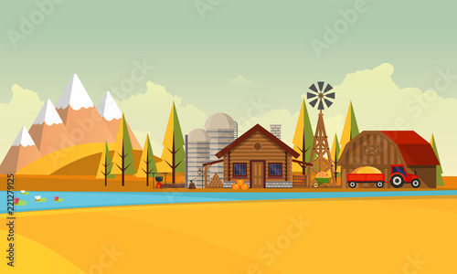 Flat illustration of Countryside Farm Landscape in Autumn. Vector Design.
