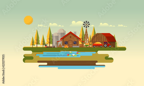 Flat illustration of Countryside Farm Landscape in Autumn. Vector Design.
