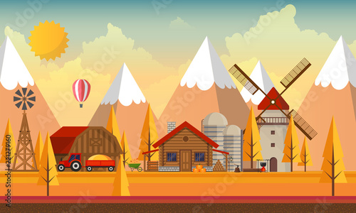 Flat illustration of Countryside Farm Landscape in Autumn. Vector Design.
