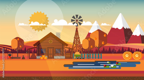 Flat illustration of Countryside Farm Landscape in Autumn. Vector Design.
