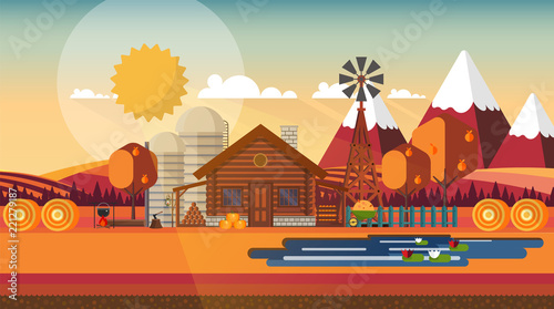 Flat illustration of Countryside Farm Landscape in Autumn. Vector Design.
