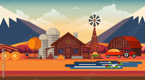 Flat illustration of Countryside Farm Landscape in Autumn. Vector Design.

