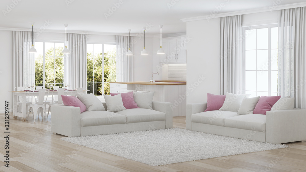 Modern house interior. White interior. 3D rendering.