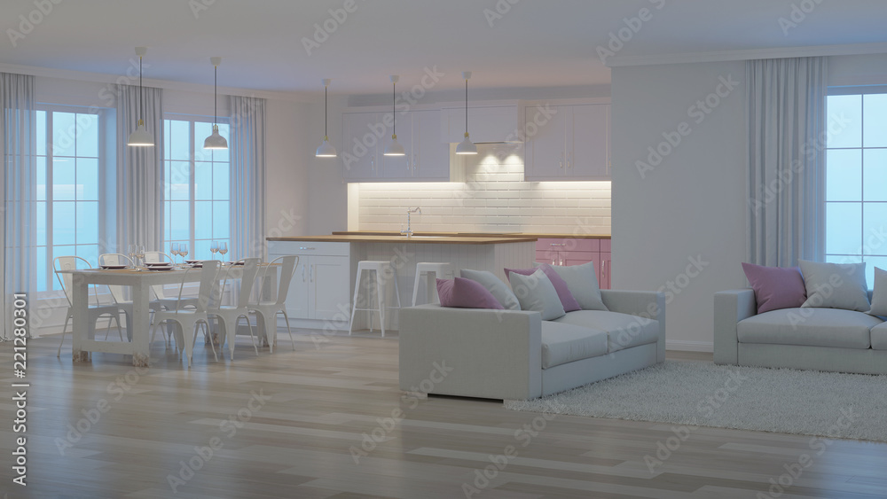 Fototapeta premium Modern house interior. White interior. Night. Evening lighting. 3D rendering.