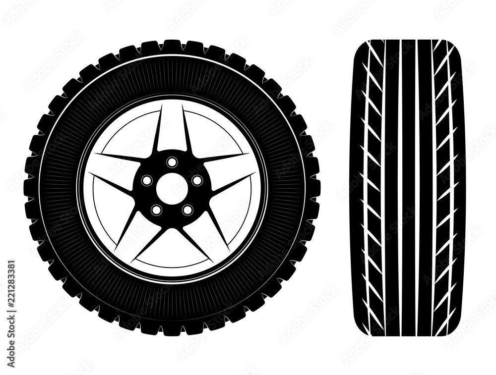 Naklejka premium Koła i opony są czarne. Logo lub emblemat sklepu z oponami lub warsztatu samochodowego. Do montażu opon