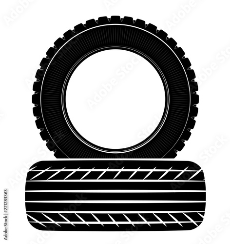 Wheels and tires are black. For a logo or emblem of a tire store or car workshop. For tire fitting
