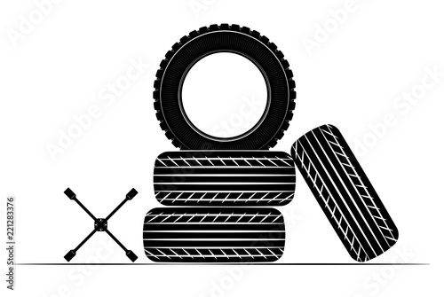 Wheels and tires are black. For a logo or emblem of a tire store or car workshop. For tire fitting
