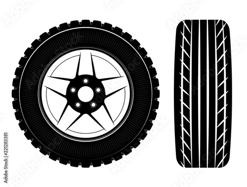 Wheels and tires are black. For a logo or emblem of a tire store or car workshop. For tire fitting photo