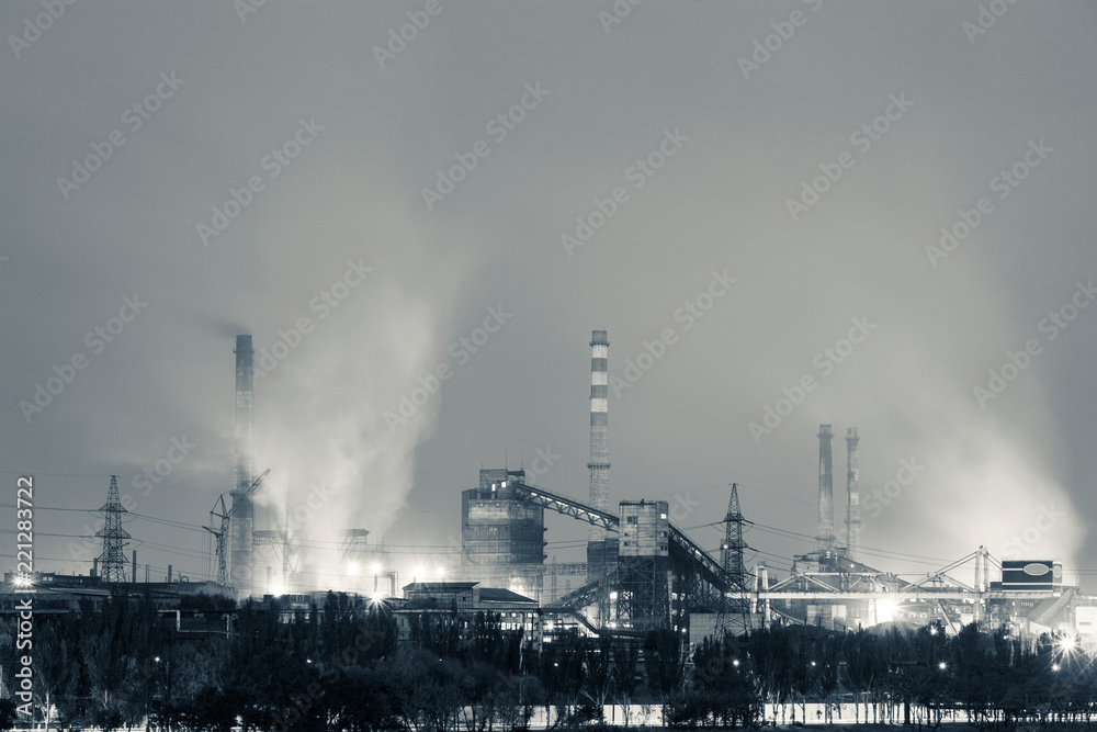 Heavy industry air pollution factory. Metallurgical plant smoke chimney. Ecology concept