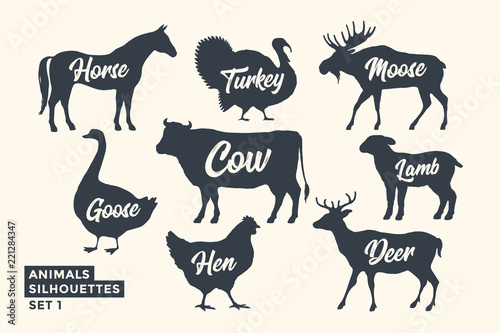 Animals silhouette set. Black-white silhouette of animals with lettering names. Design template for grocery, butchery, packaging, meat store. Farm and wild animals theme. Vector Illustration