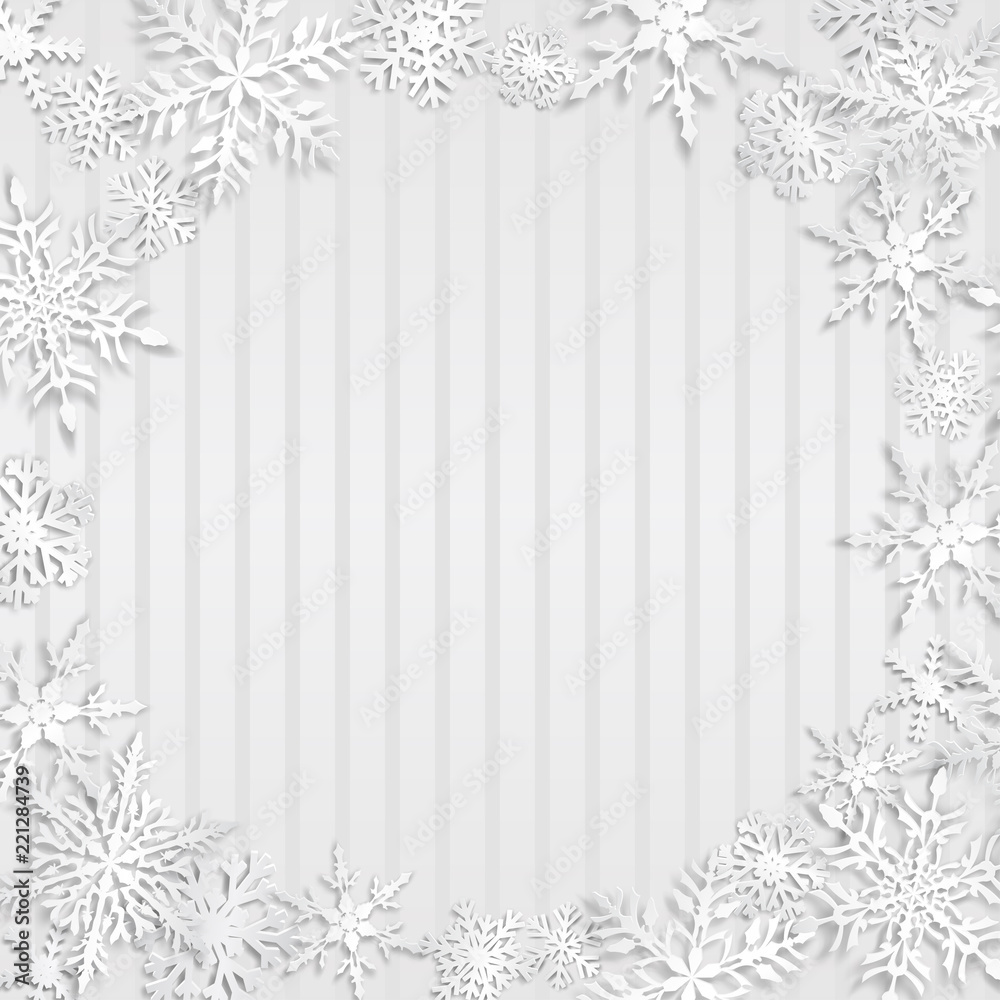 Christmas illustration with circle frame of big white snowflakes with shadows on striped gray background