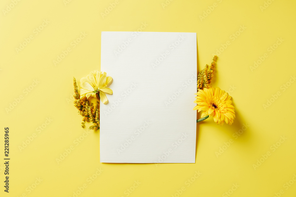 top view of flowers and white blank card on yellow backdrop top view of flowers and white blank card on yellow backdrop