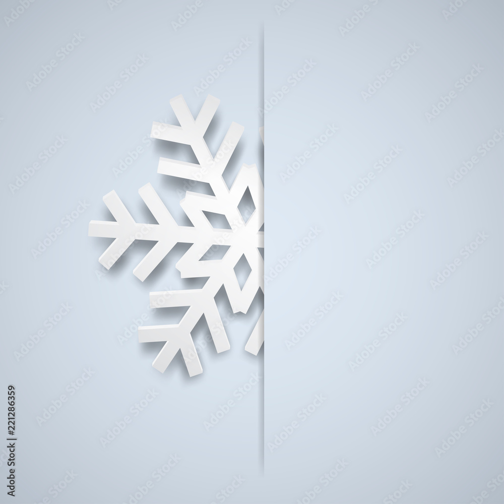 Fototapeta premium Christmas illustration with one white big snowflake which protrudes from the cut on a light blue background