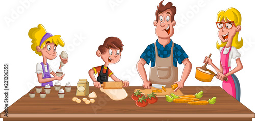 Family wearing apron and cooking. Chef in the kitchen.