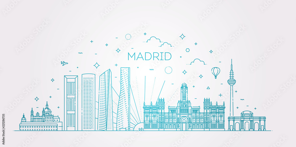 Madrid skyline, Spain. Vector illustration, line art