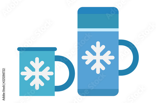 Termo y taza de color azul.