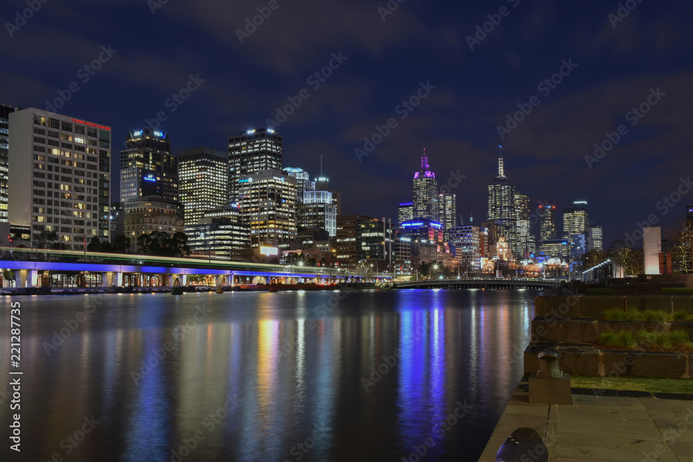 Melbourne city skyline from Southbank at night
