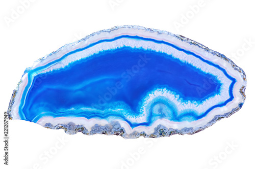 Amazing Colorful Blue Agate Crystal cross section isolated on white background. Natural translucent agate crystal surface, Blue abstract structure slice mineral stone macro closeup