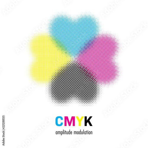 Halftone heart shapes in CMYK colors. Color mixing in offset printing. Vector Illustration