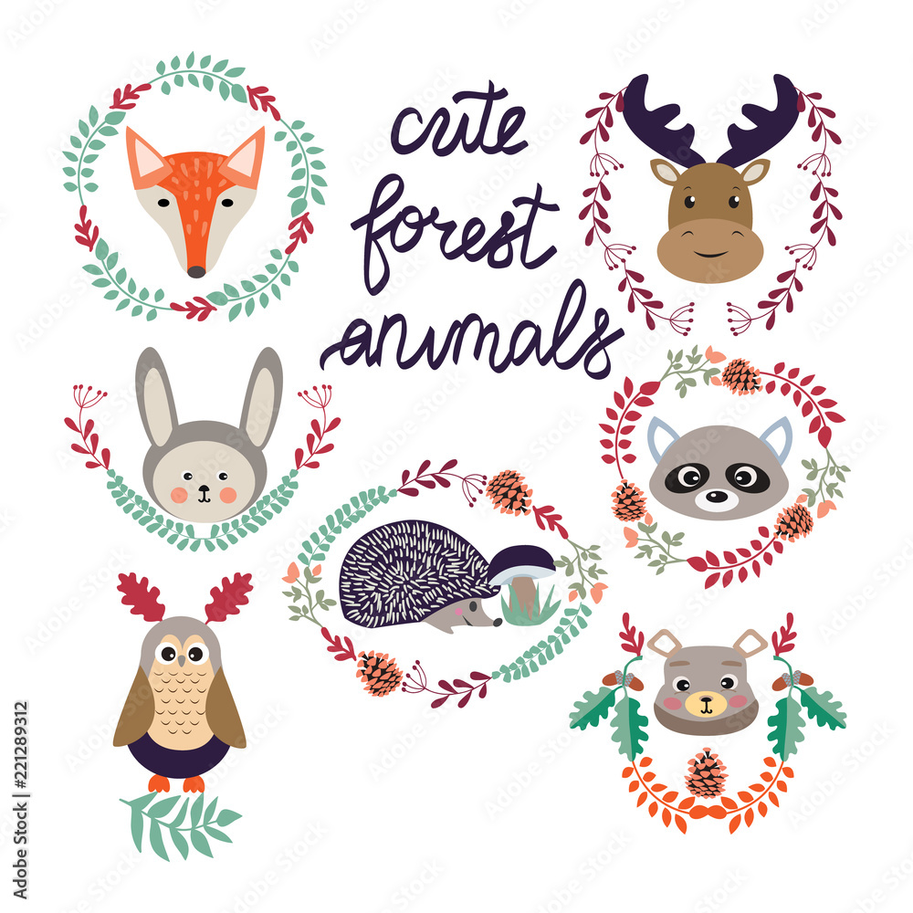 Naklejka premium cute forest elements animals and plants