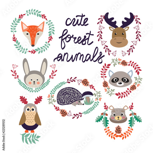 cute forest elements animals and plants