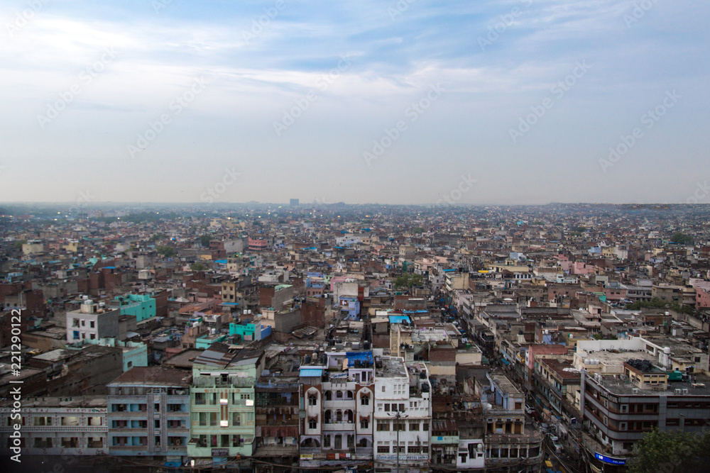 An aerial view of Old Delhi taken from the Jama Masjid in New Delhi, India. 