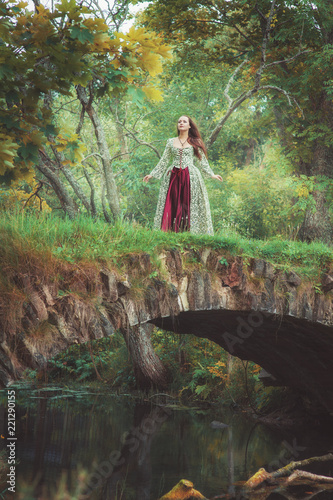 Beautiful girl in long medieval dress standing on the bridge near river