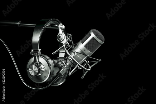 Fototapeta Audio recording studio equipment, Headphones on microphone stand