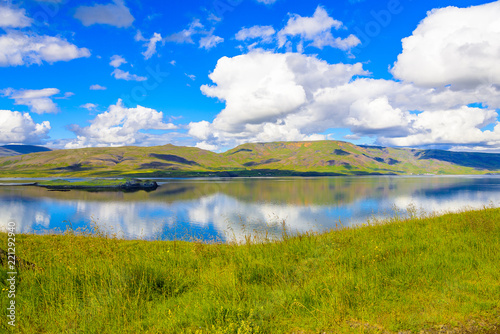 Beautiful rugged volcanic basalt rock Iceland coastline blue skies and low clouds. Green moss and grass covered hills.