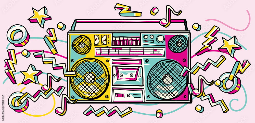 Funky colorful drawn boombox