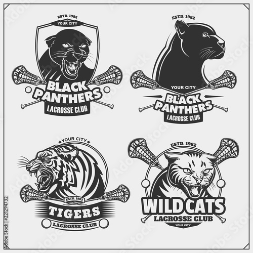Set of lacrosse emblems, badges, logos and labels with tiger, panther and wildcat.