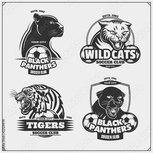 Set of soccer emblems, badges, logos and labels with tiger, panther and wildcat.