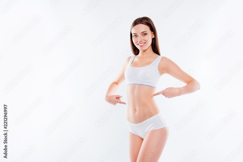 Portrait of joyful thin woman in white cotton underwear bikini i Portrait of joyful thin woman in white cotton underwear bikini i