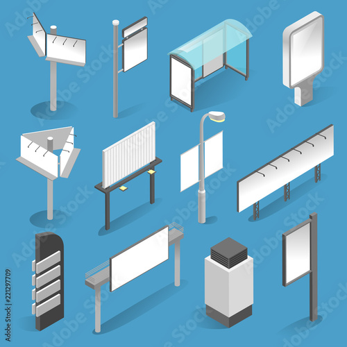 Street billboard isometric set on white background