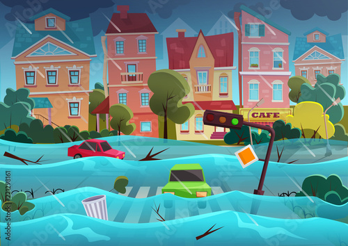 Flood natural disaster in cartoon city concept. City floods and cars with garbage floating in the water. Storm city landscape background for poster or card.