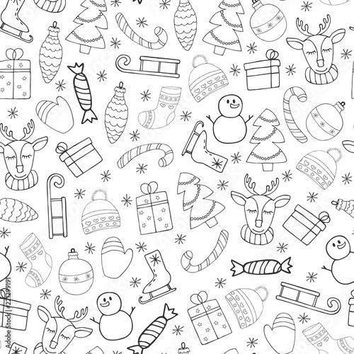 Christmas seamless pattern. Painted Christmas items: Christmas tree, candy, Christmas toy, gift box, skates, sled, deer, winter hat, warm socks, garland and snowflakes. Vector illustration.