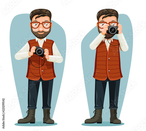 Spectacles journey photographer travel news camera blogger cartoon character design vector illustration