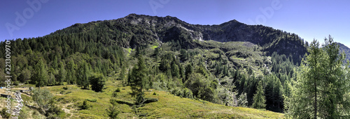 A landscape of green mountains, with pines and firs, rocks and glaciers, in the Vigezzo Valley, northern Italian Alps photo