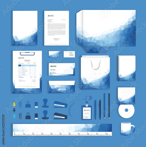 Corporate identity design template with blue polygonal pattern