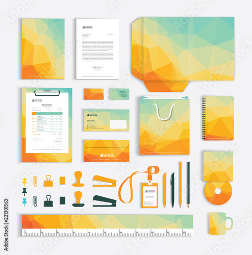 Corporate identity design template with yellow polygonal pattern