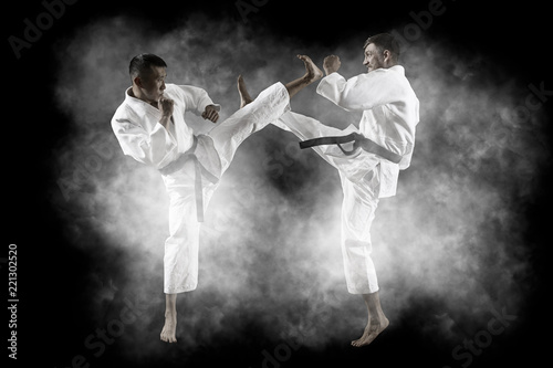 Two male karate fighting
