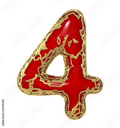 number four 4 made of golden shining metallic with red paint isolated on white 3d