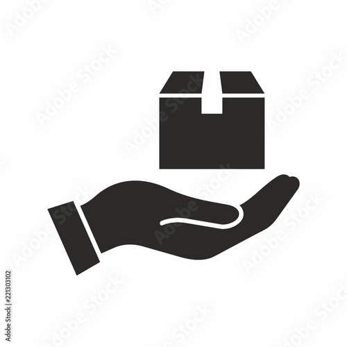 Delivery, receiving a package. Hand holding box. Vector icon.