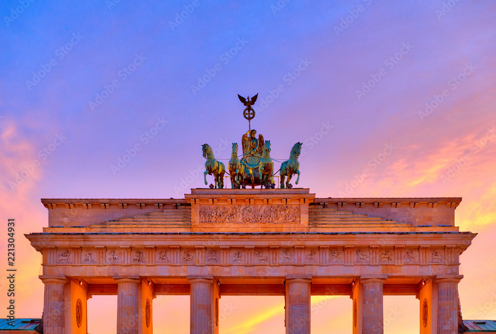 Close view of the Brandenburg Gate in Berlin at dusk